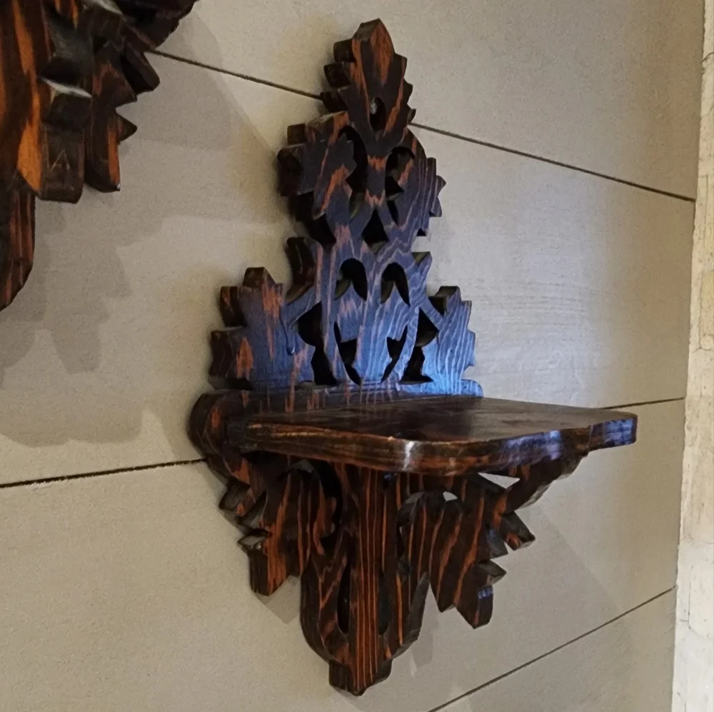Set of three vintage hobby made plywood ornate scroll fretwork shelves